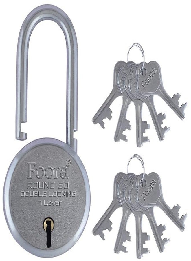 Foora Round 50Mm Keypad Lock | Long Shackle | Home Metal Body | Double Locking | 7 Steel Lever | 10 Silver Keys with Keychain | Silver Finsih | Made in India | Export in USA | Canada - Image 1
